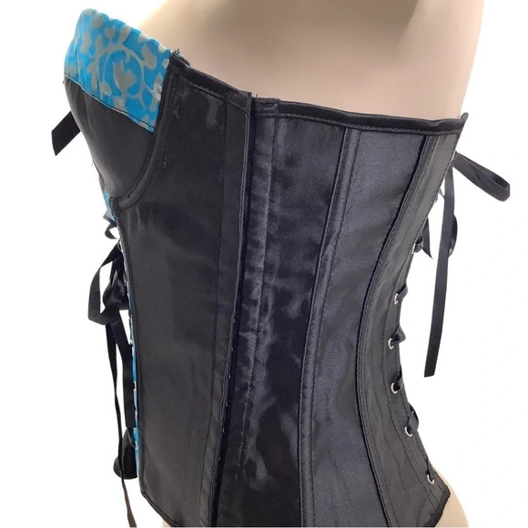 Vintage teal and black underwire padded cups with lace up corset & accessories - Picture 3 of 10